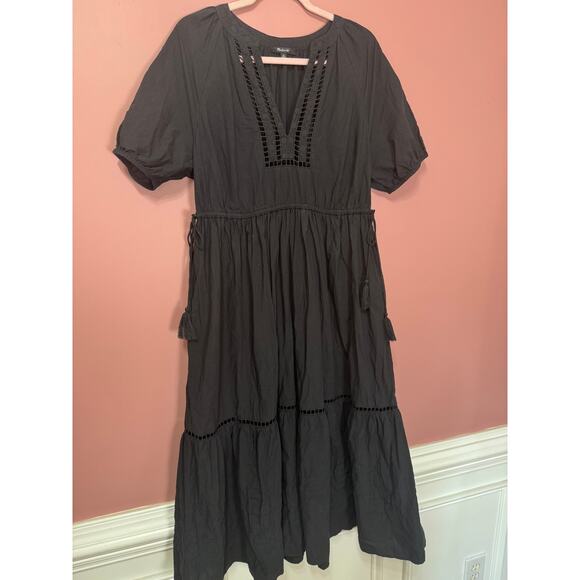 Madewell Poplin Ladder Embroidered Midi Dress in Black Size XL - Picture 3 of 5